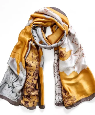 Silk Like Satin Polyester Large Scarf Wrap, Yellow Wild Flower