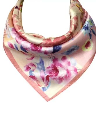 Silk Square Scarf Neckerchief, Pink Peonies