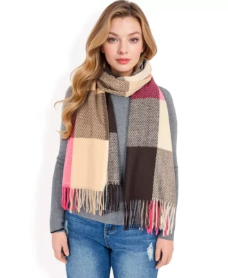 Women's Oversized Plaid Blanket Scarf with Fringe Trim and Soft Textured Fabric